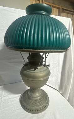 VTG B&H Bradley & Hubbard Oil Lamp Converted Electric Green Ribbed Glass Shade